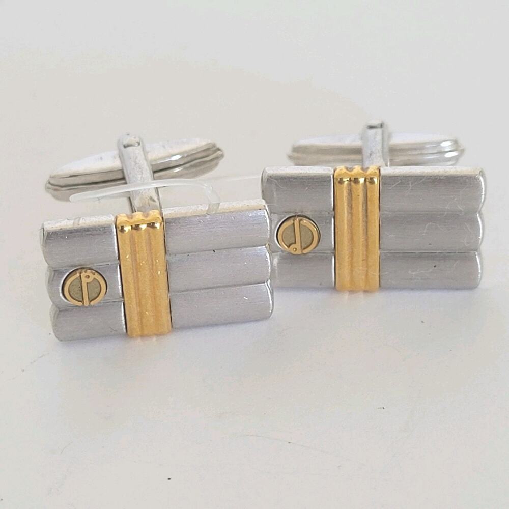 Dunhill D Cufflinks Silver Gold Tone Logo Rectangle Logo Retro Stripped Two Tone